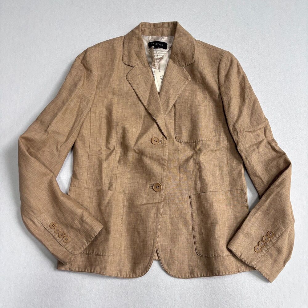 Talbots Linen Blazer Jacket Women's 8 Camel Tan Preppy Grace Fit Career NWT
